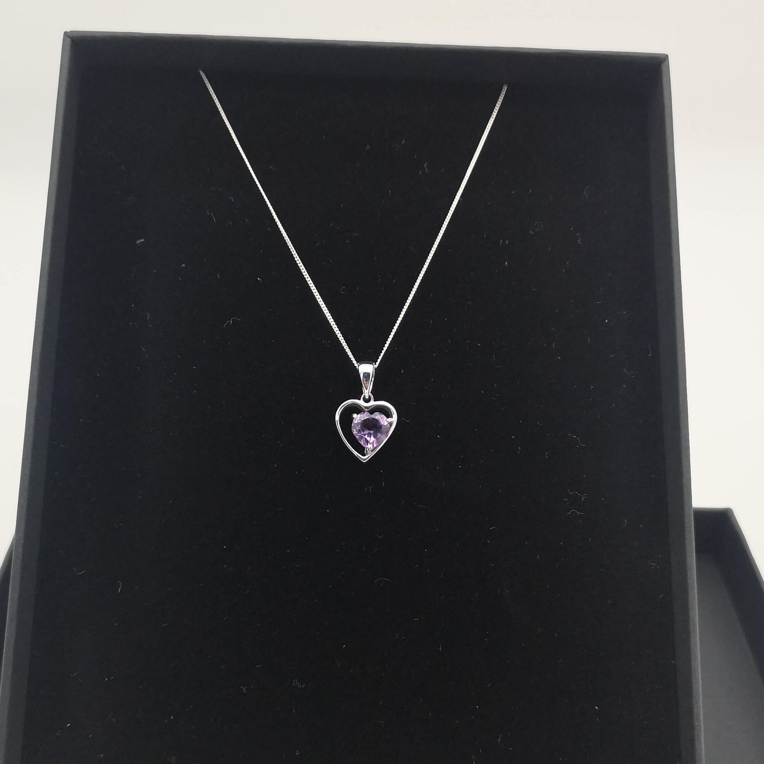 Sterling silver amethyst heart necklace in a black jewellery box