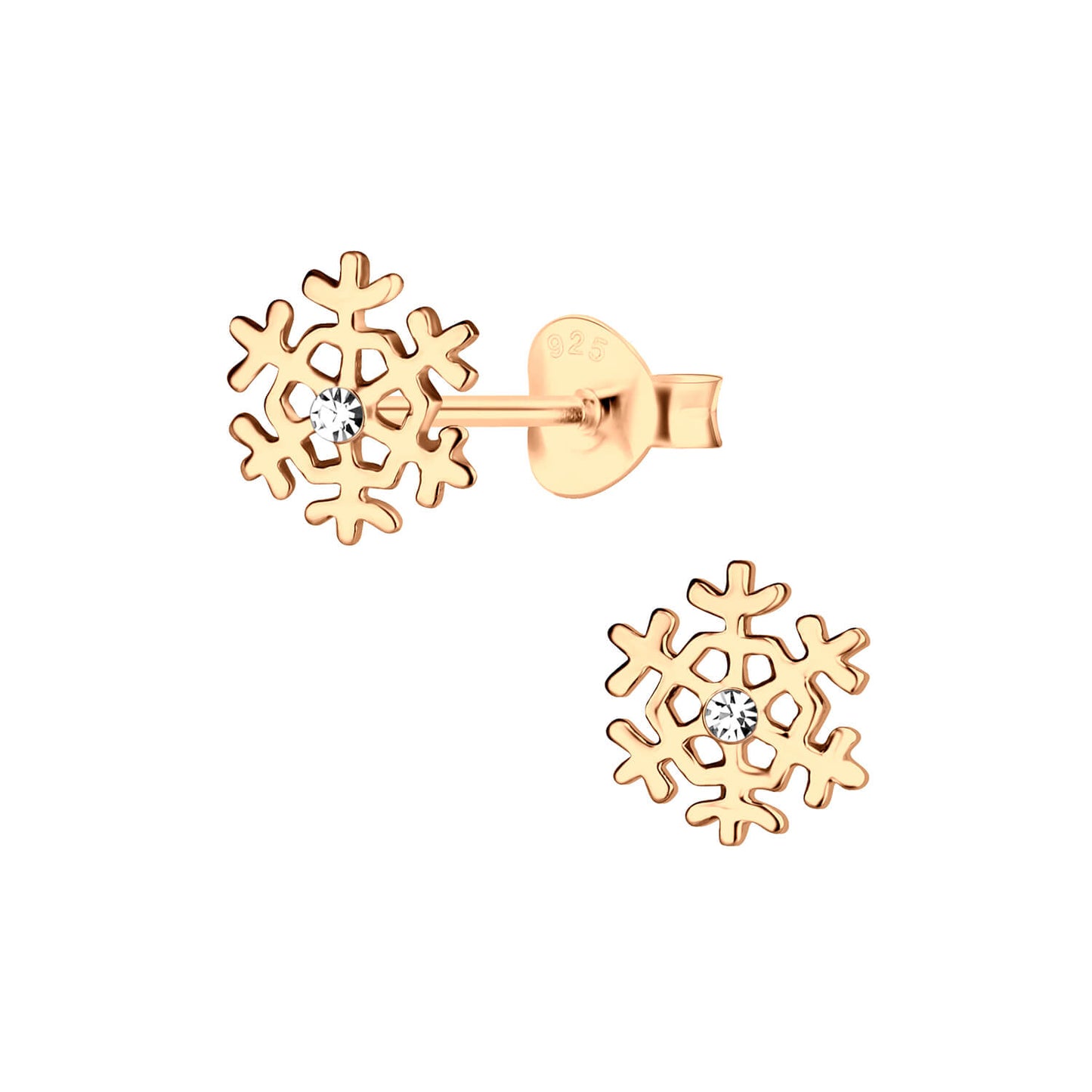 Sterling Silver 14kt Rose Gold Plated White Crystal Snowflake Stud Earrings