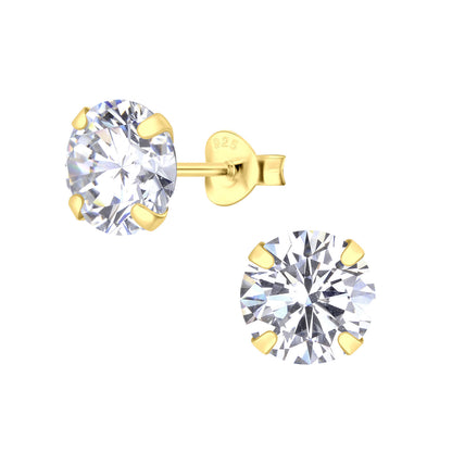 Sterling Silver 14kt Yellow Gold Plated 8mm Round CZ Stud Earrings