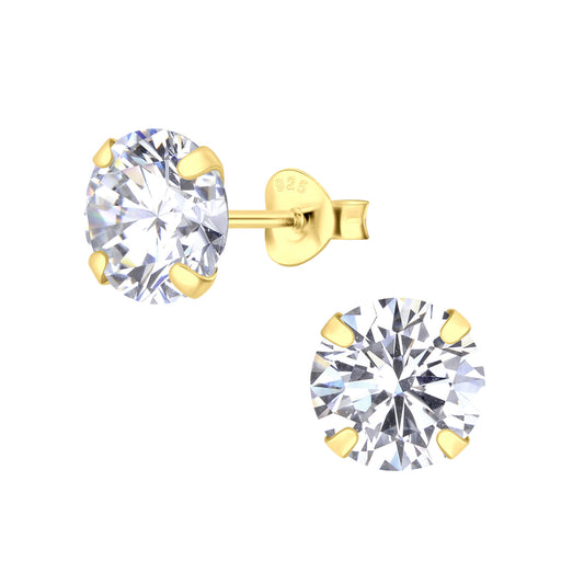 Sterling Silver 14kt Yellow Gold Plated 8mm Round CZ Stud Earrings