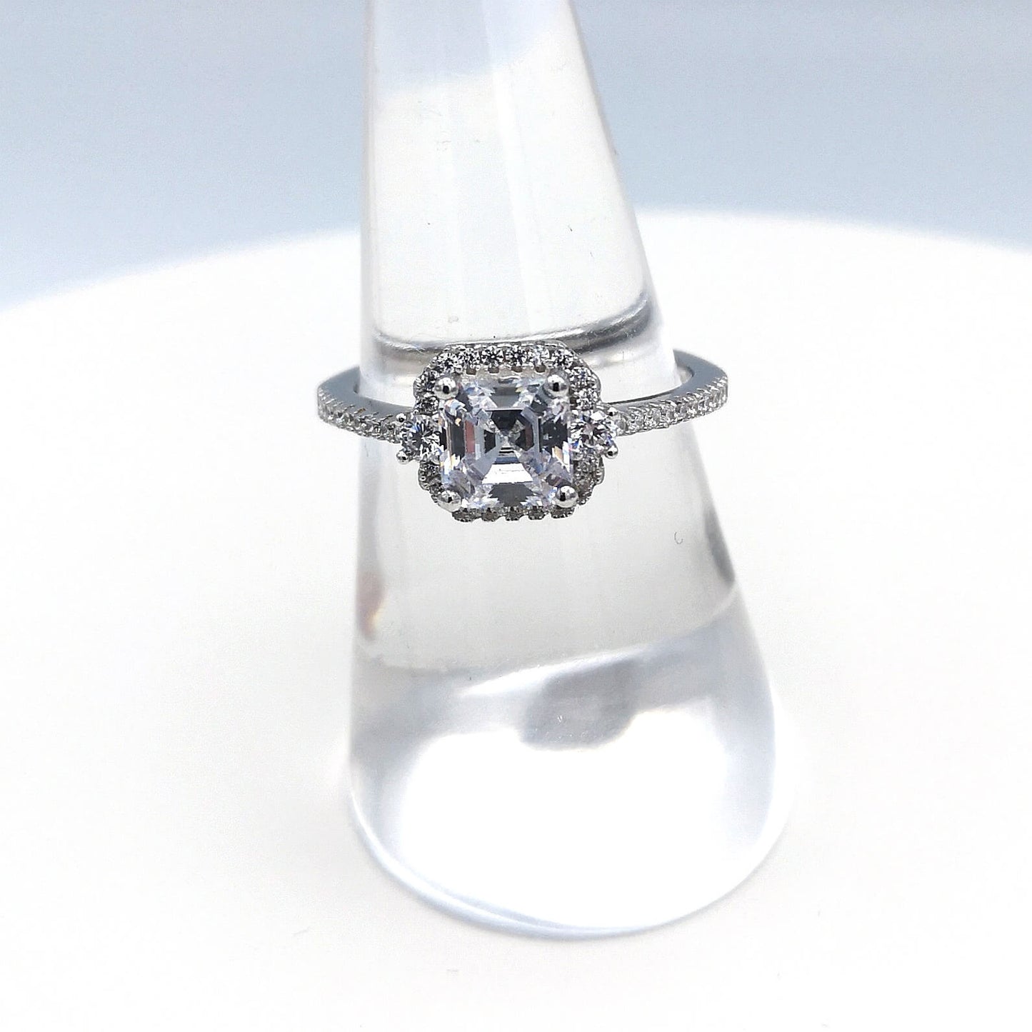 Sterling Silver 3 Stone Asscher Cut CZ Halo Ring