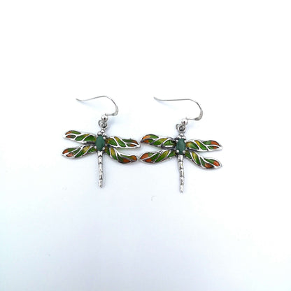 Sterling Silver Green Enamel & Emerald Dragonfly Dropper Earrings