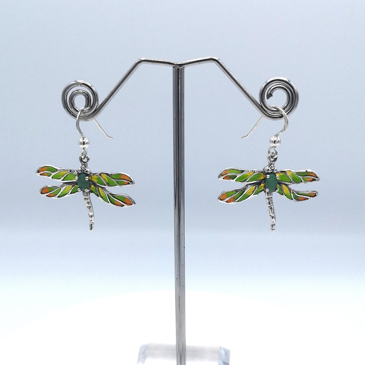 Sterling Silver Green Enamel & Emerald Dragonfly Dropper Earrings