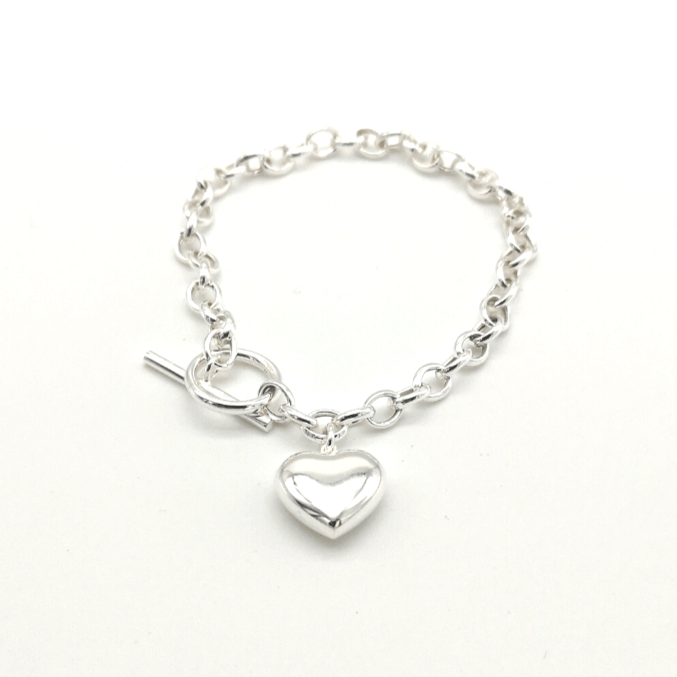 Sterling Silver Heart Charm T-Bar Bracelet