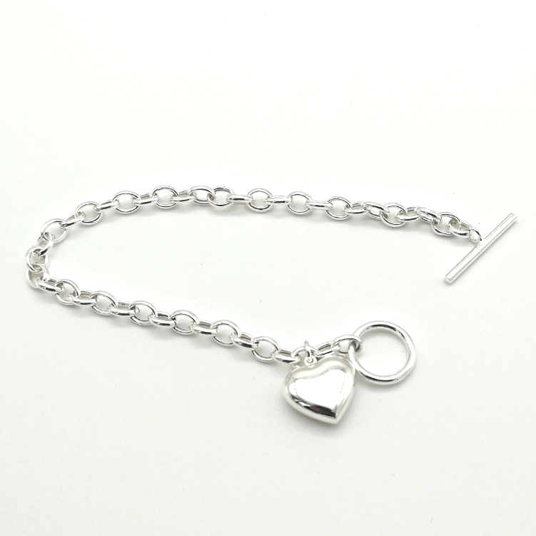 Sterling Silver Heart Charm T-Bar Bracelet