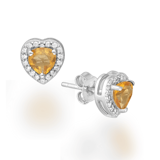 Sterling Silver Citrine & CZ Halo Heart Earrings