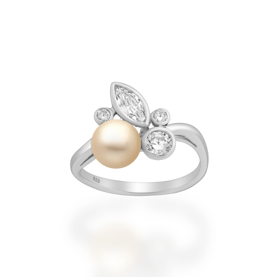 Sterling Silver Peach Freshwater Pearl & CZ Ring