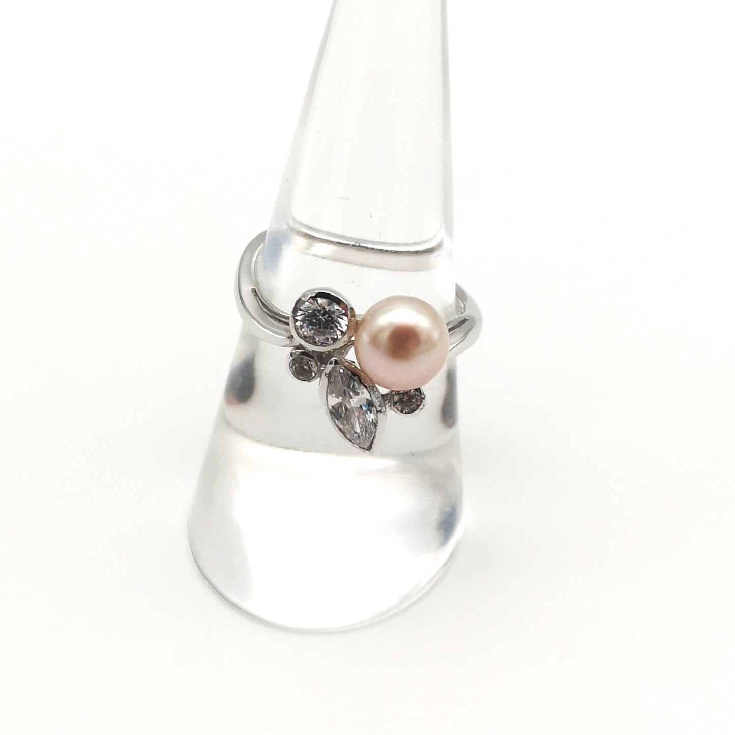 Sterling Silver Peach Freshwater Pearl & CZ Ring