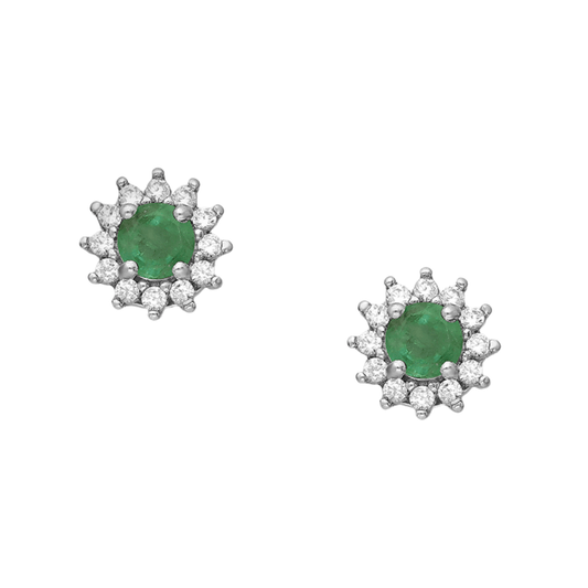 Sterling Silver Emerald & CZ Halo Stud Earrings