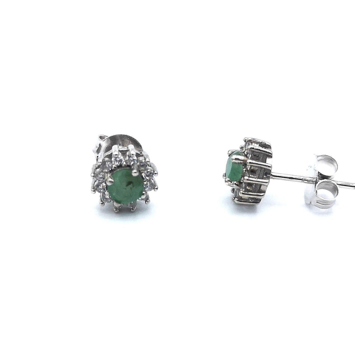Sterling Silver Emerald & CZ Halo Stud Earrings
