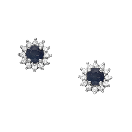 Sterling Silver Sapphire & CZ Halo Stud Earrings