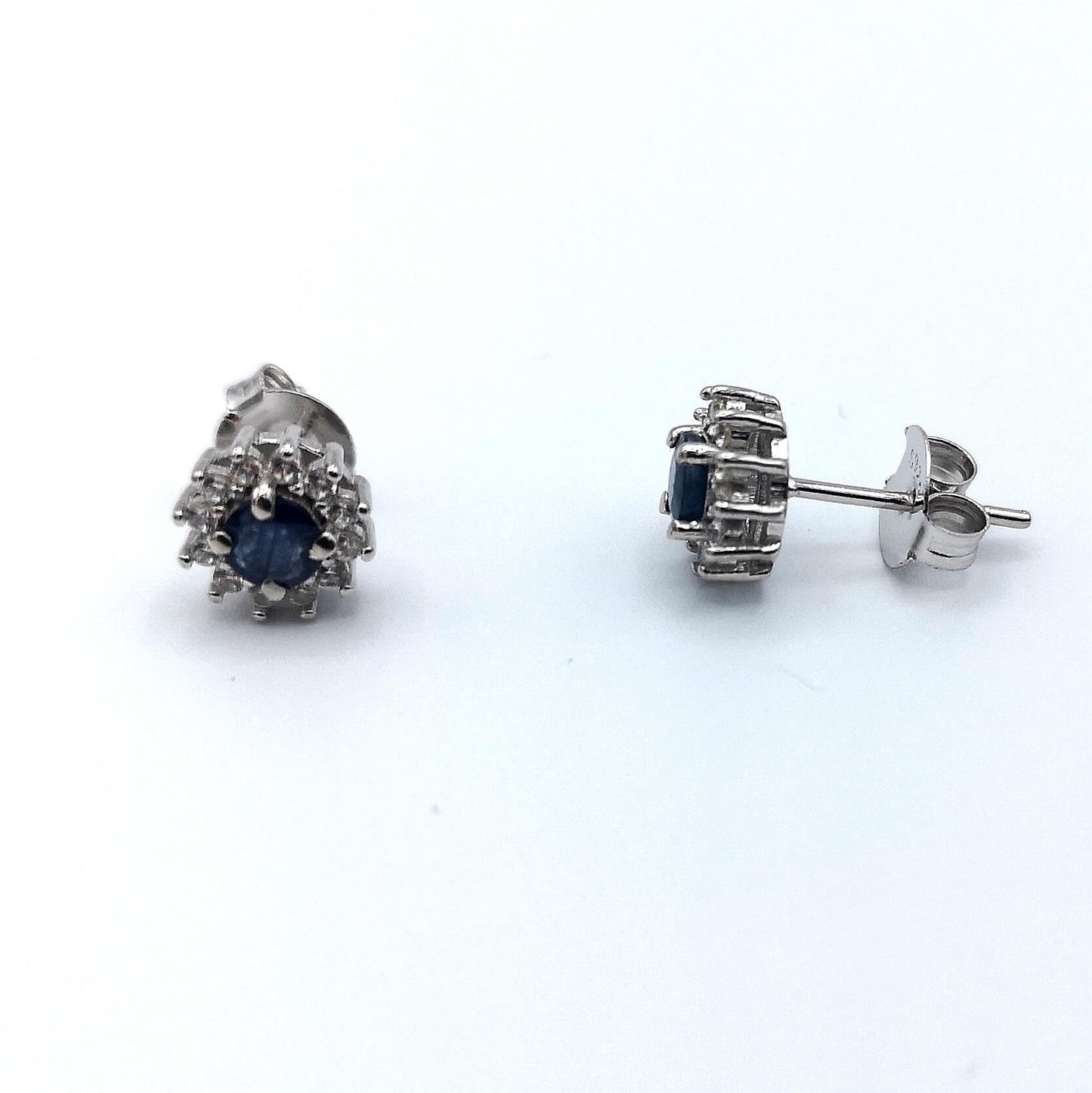 Sterling Silver Sapphire & CZ Halo Stud Earrings