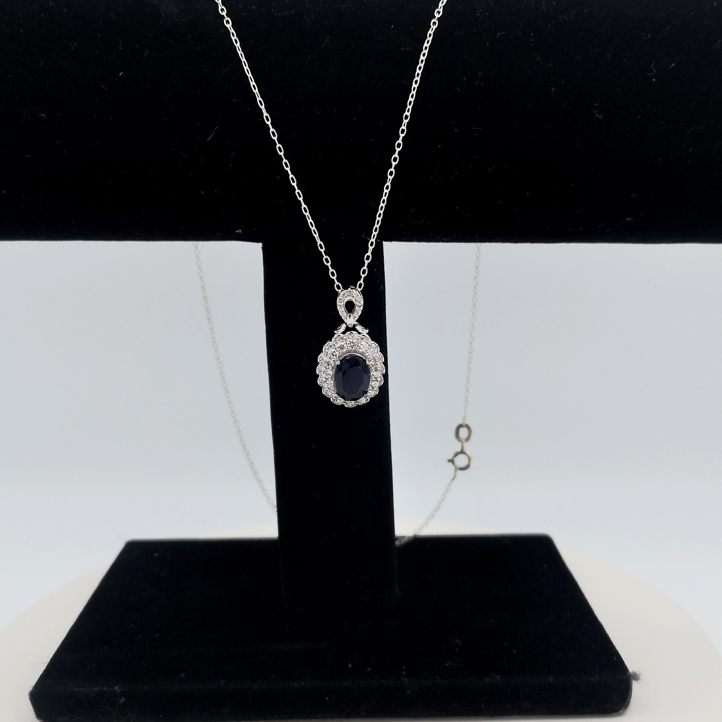 Sterling Silver Sapphire & CZ Double Halo Pendant