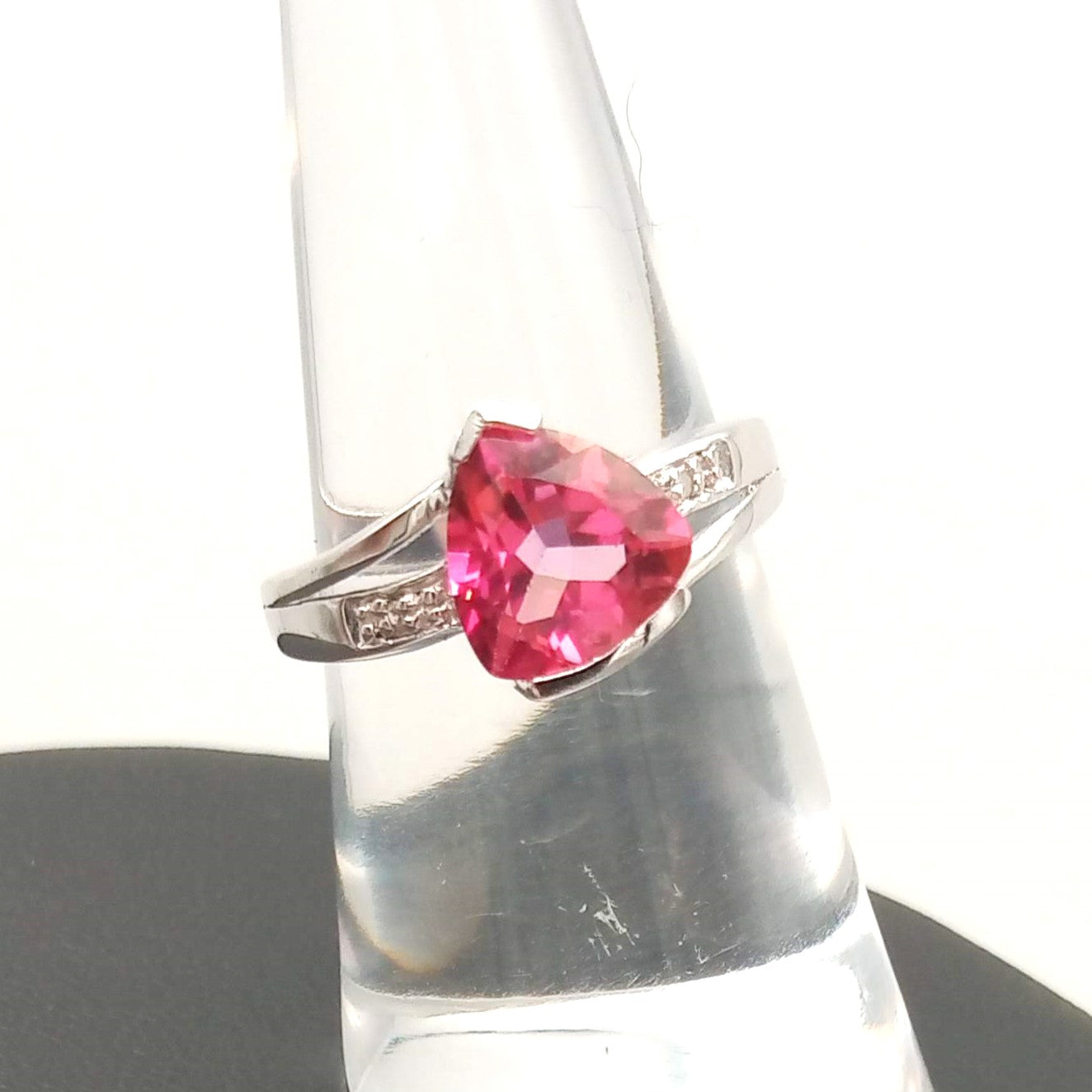 Sterling Silver Trilliant Cut Pink Topaz & Diamond Ring