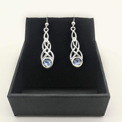 Sterling Silver & Rainbow Moonstone Celtic Knot Dangle Earrings
