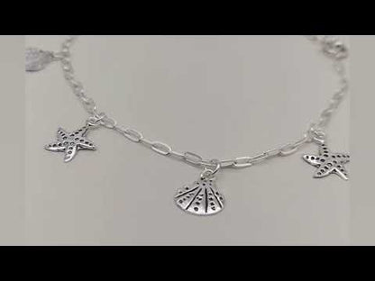 Sterling Silver Oxidized Shell and Starfish Charm Bracelet