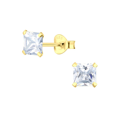 Sterling Silver 14kt Yellow Gold Plated 5mm Square CZ Stud Earrings