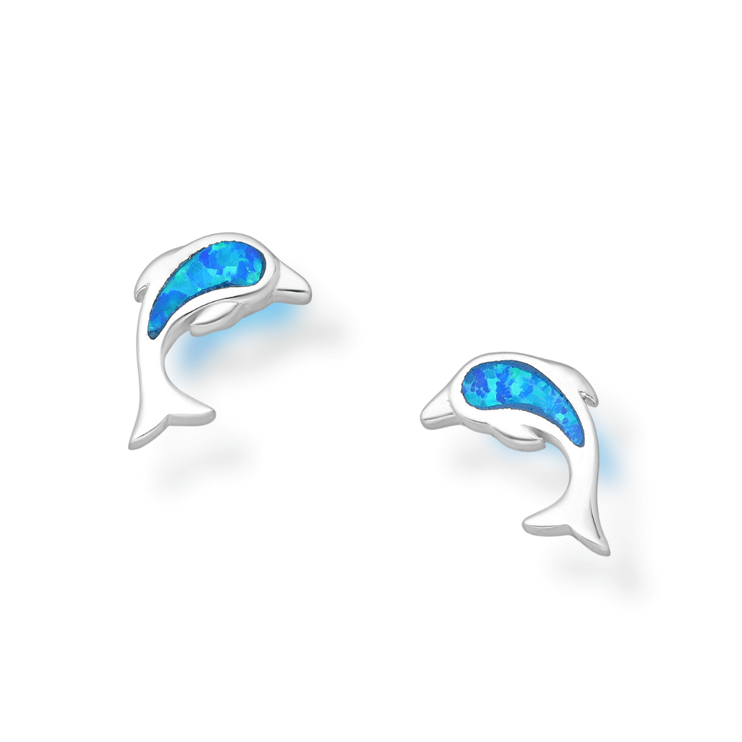Sterling Silver Lab Created Opal Dolphin Stud Earrings