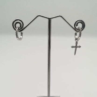 Sterling Silver Single Cross CZ Hoop Earrings