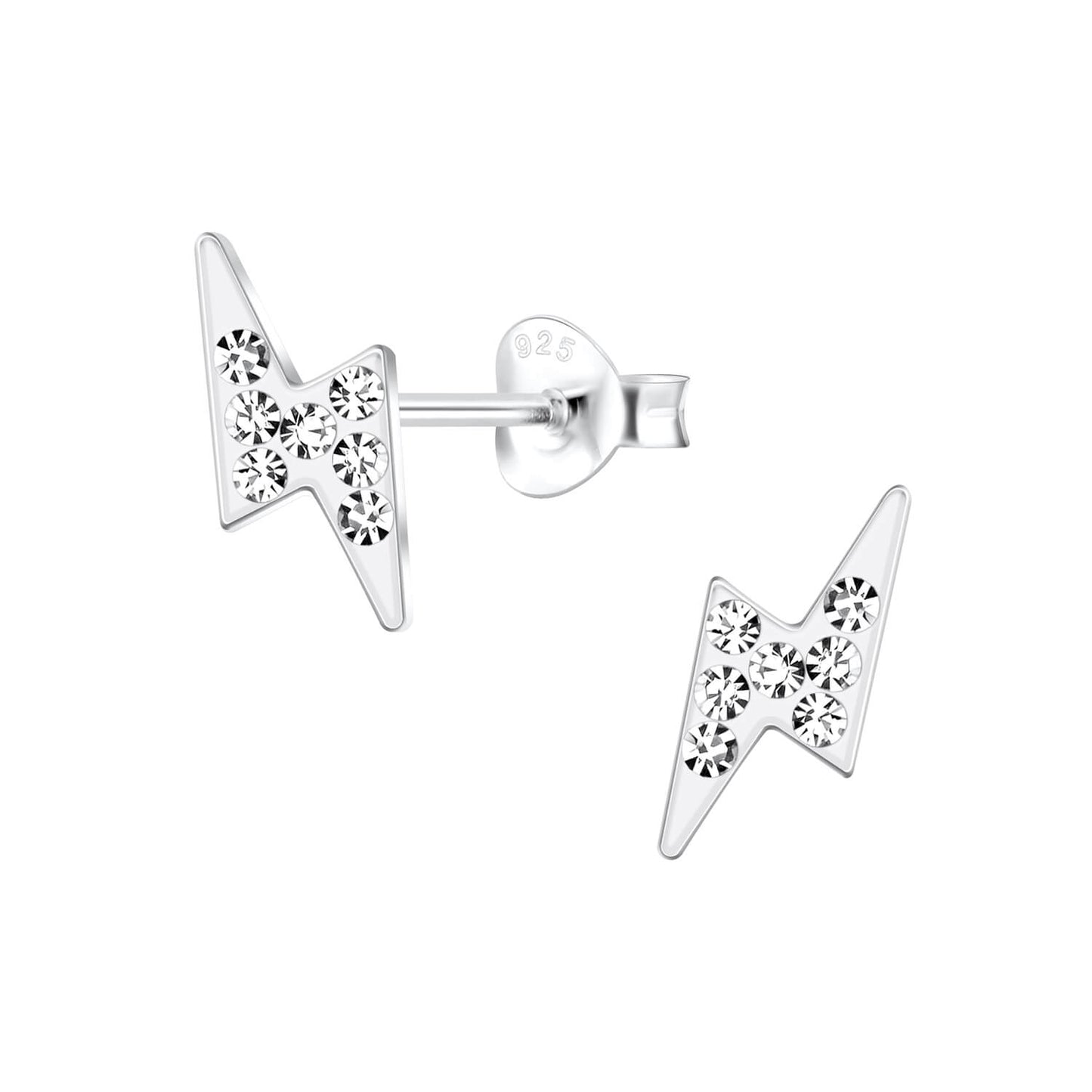 Sterling Silver White Enamel & Crystal Lightning Bolt Stud Earrings