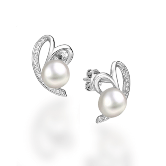 Sterling Silver Freshwater Pearl & CZ Heart Earrings