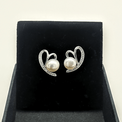 Sterling Silver Freshwater Pearl & CZ Heart Earrings