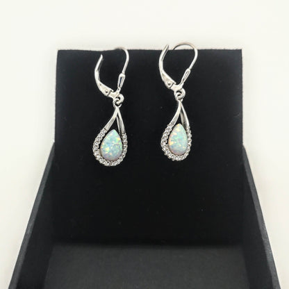 Sterling Silver Pear Cut White Lab Created Opal & CZ Halo Dangle Earrings